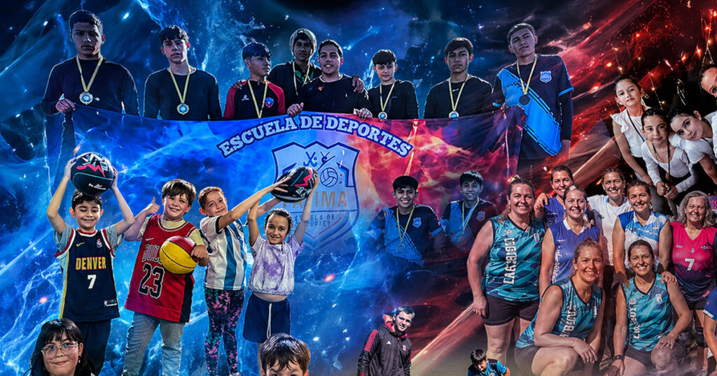 Collage de alumnos de la escuela de deportes en Fátima Córdoba practicando actividades deportivas como taekwondo, vóley, hockey, básquet, fútbol, patín, newcom y cachibol