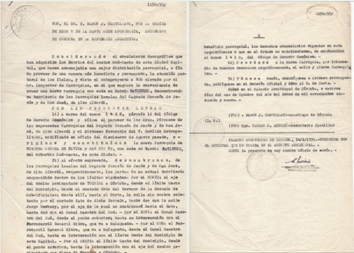 Letra Constitutiva de la nueva parroquia Fátima (Decreto Nº 1050/59)